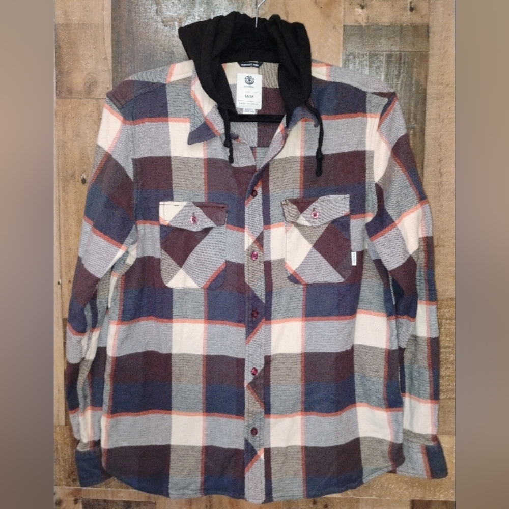 Element Flex Men's Plaid Flannel Button-Up Shirt with Hood Size Medium